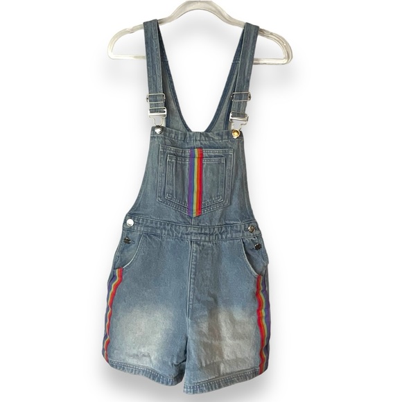 Dolls Kill Pants - Dolls Kill Delias Rainbow Overalls Jean Shorts Light Blue Denim Pride Size S